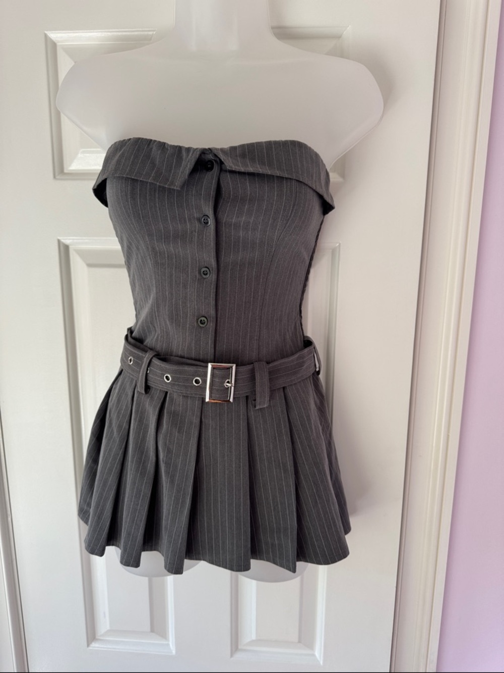 Strapless Pinstripe Belted Mini Dress - Gray